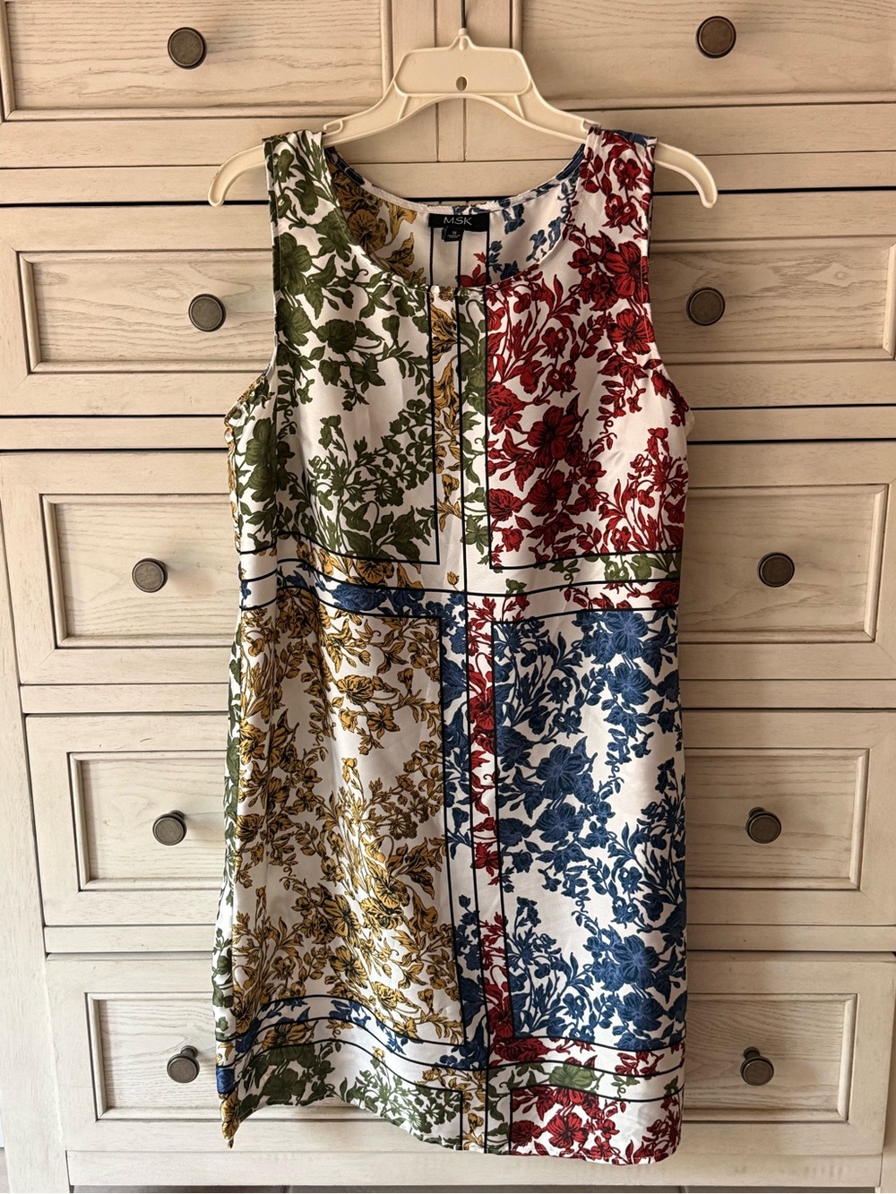 MSK four-quarter color block Floral Block Sheath Dress Red, Blue, Green, Gold